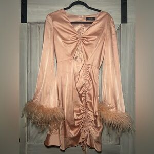 AKIRA Peach Satin Dress with Feather Cuffs